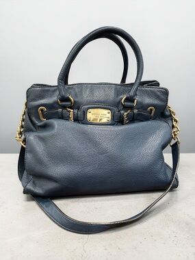 MICHAEL KORS Large Hamilton Tote Purse Leather Navy Double Handles Convertible